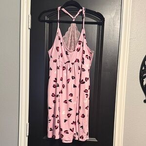 Pink Heart-Print Lace Back Sleep Chemise